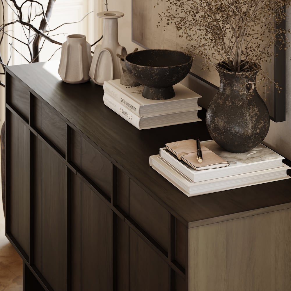 Panvyr Mid Century 60" Smoky Brown Wood Sideboard with Storage & Adjustable Shelves window image