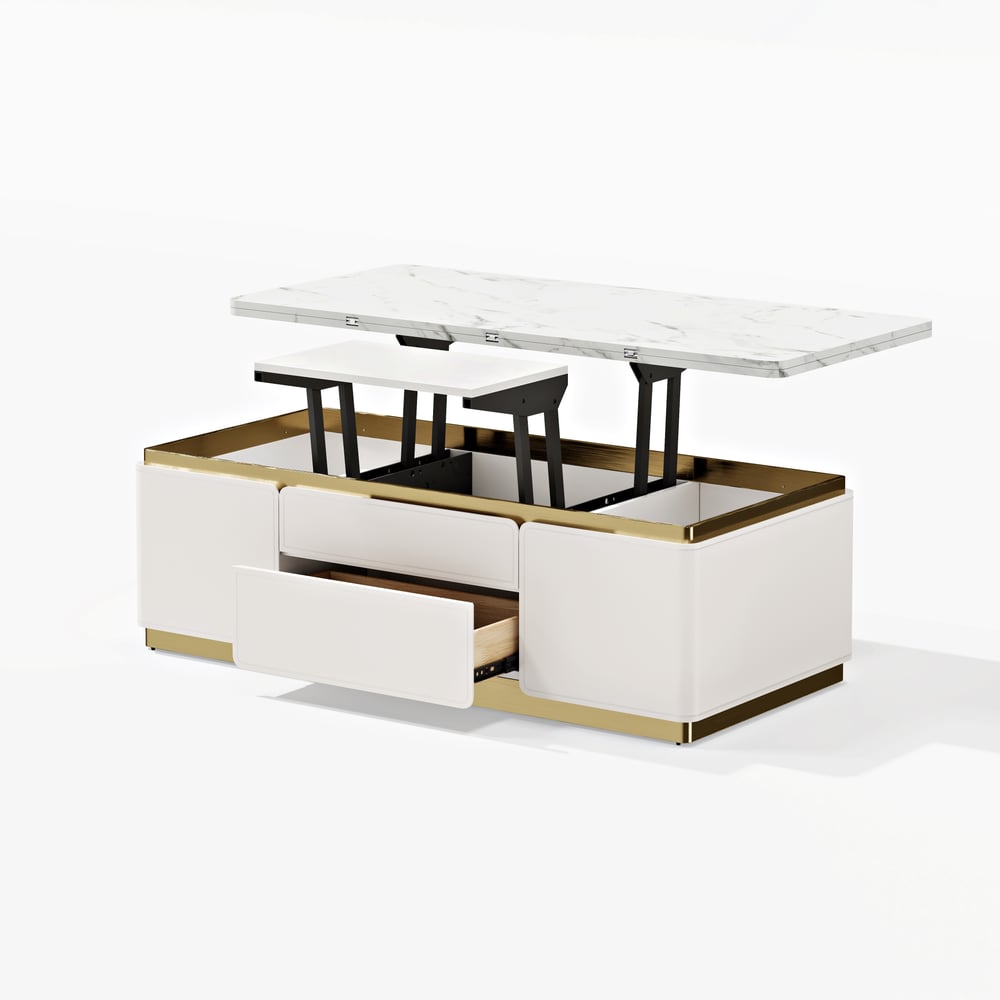48" Ivory Saddle Leather Lift-Top Coffee Table with 2 Drawers window image