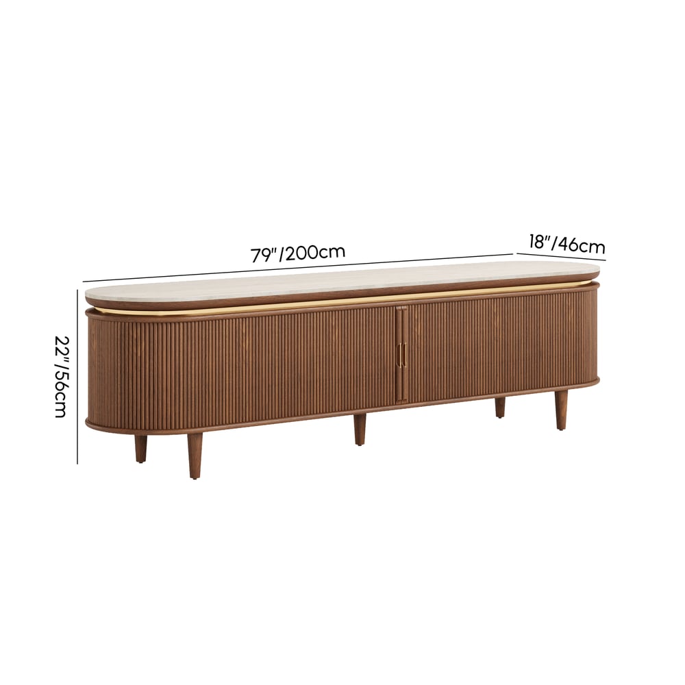 79" Ash Wood Walnut Fluted TV Stand with Sintered Stone Top weights dimensions image