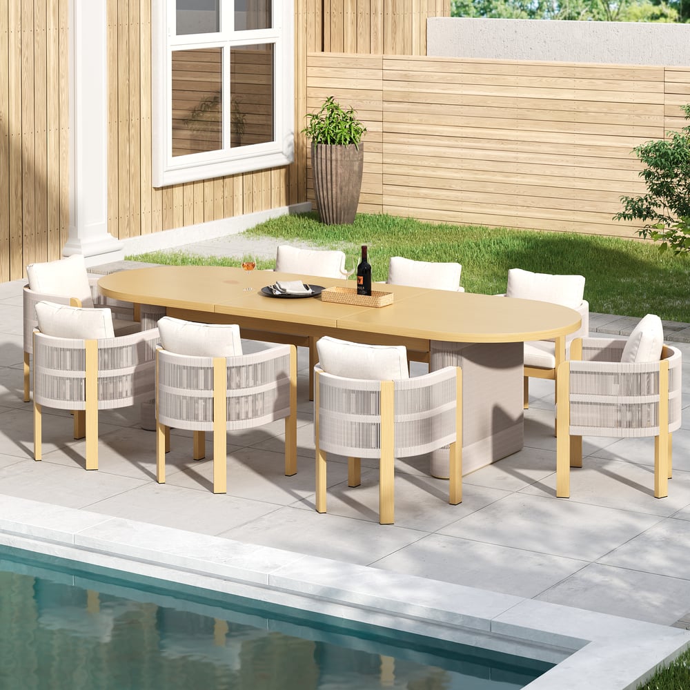 Costra 9-Piece Outdoor Aluminum & Rope Extendable Dining Set with 8 Chairs window image