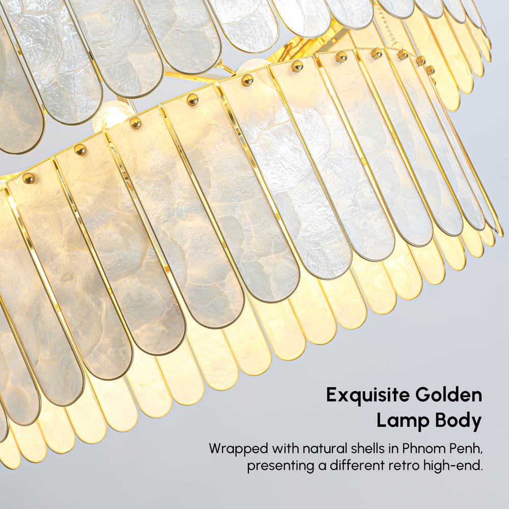 Enseo Coastal 8-Light Capiz Shell 2-Tiered Faceted Chandelier Pendant Light Gold White window image