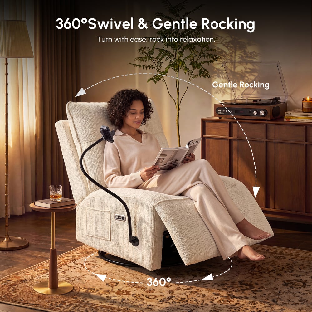 Performance Chenille Power Swivel Rocker Recliner Accent Chair with Phone Holder window image