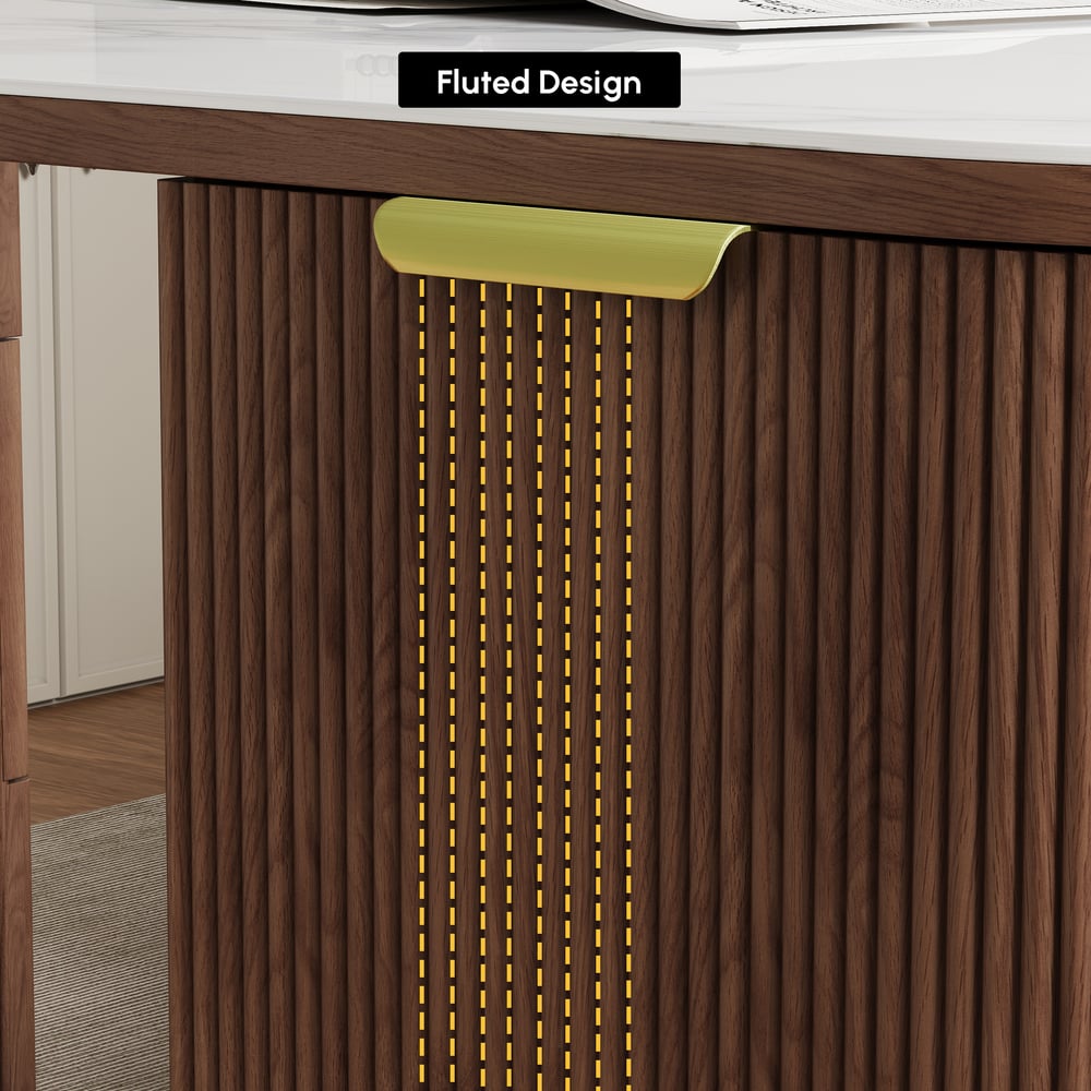 Bureau rectangulaire en noyer, frêne et pierre frittée avec 6 tiroirs (1620mm) image de fenêtre