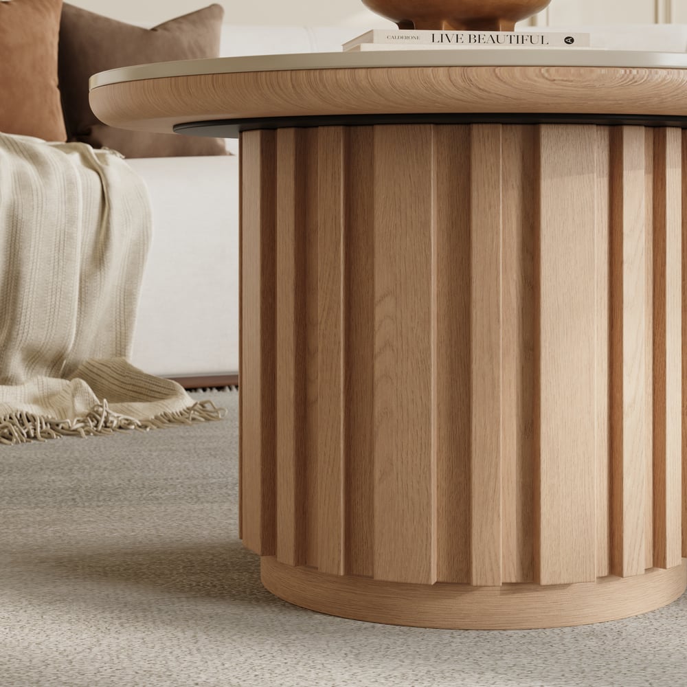 Table basse ronde à lattes en bois de frêne Aura avec plateau en pierre frittée image de fenêtre