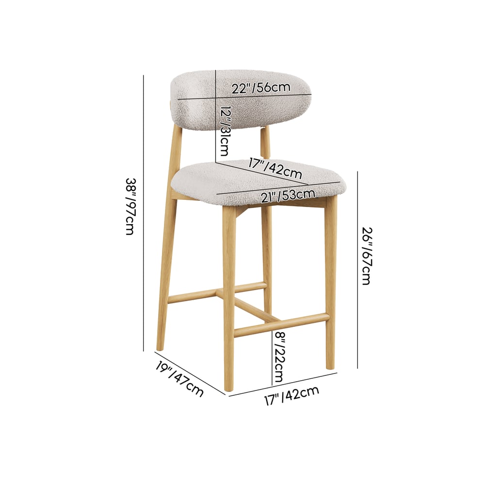 Modern Warm White Boucle Counter Stool with Natural Rubber Wood Legs, 1 Piece weights dimensions image