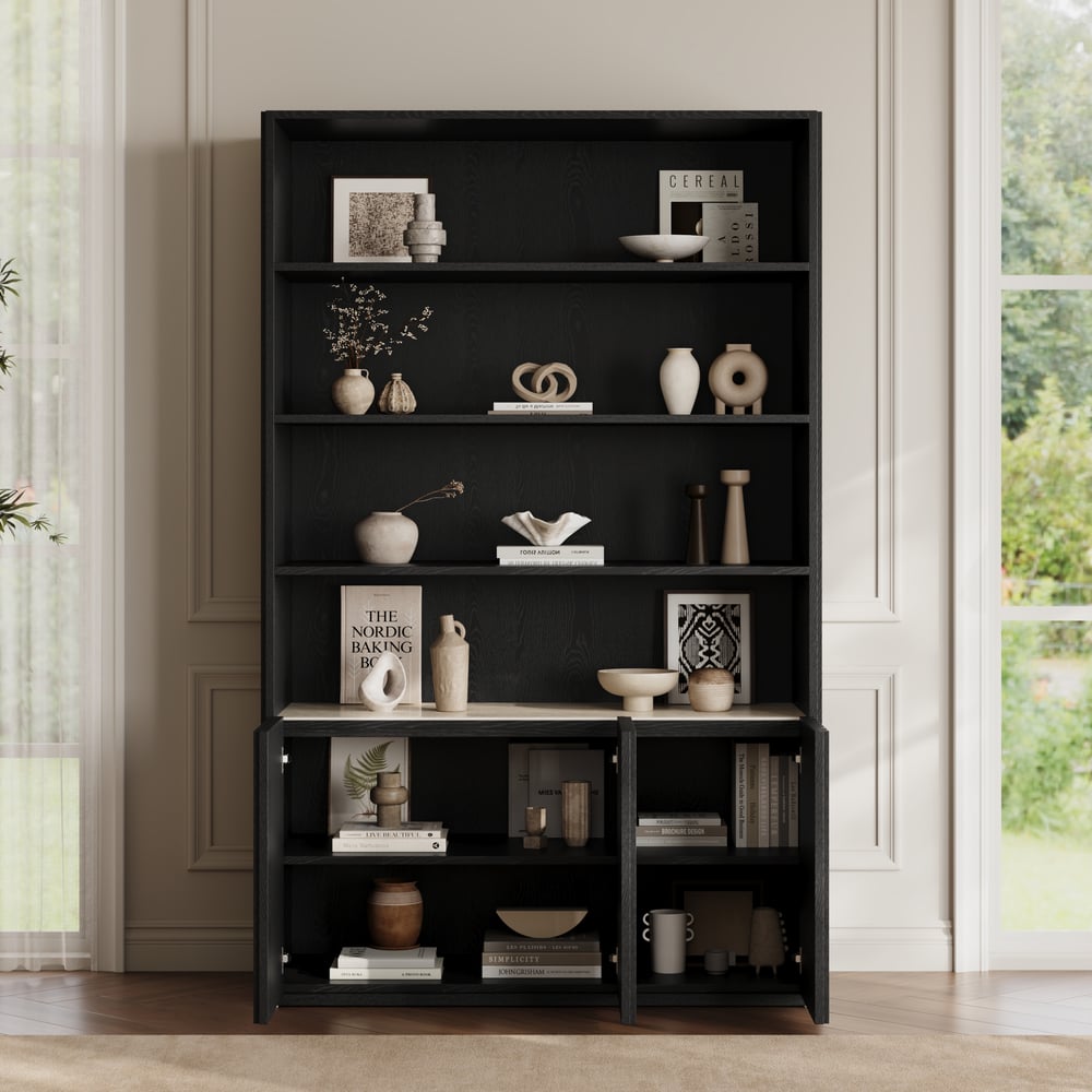 Aura 47" Ash Wood Fluted Bookcase With Sintered Stone Top window image