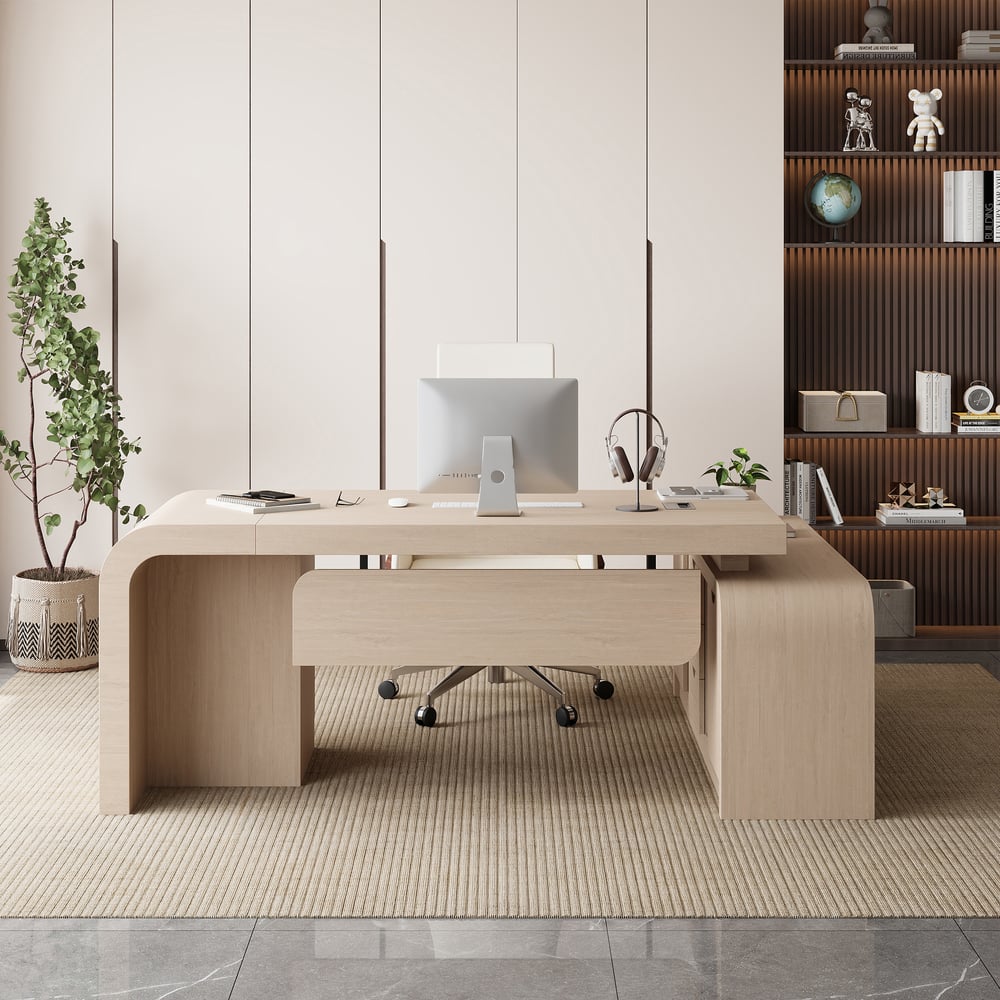 70.9" Whitewash L-shaped Executive Desk Left Hand & Reclining Leather Office Chair window image