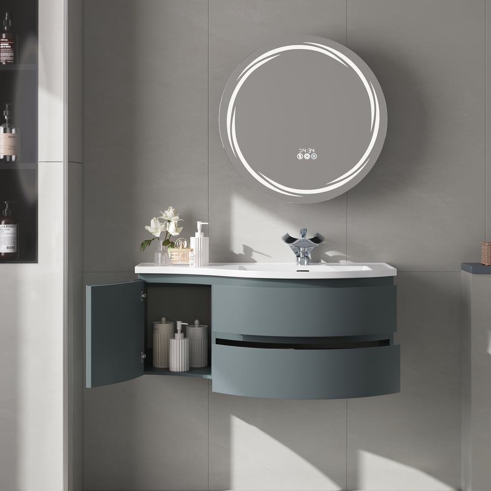 Floating Curved Bathroom Vanity & Round LED Medicine Cabinet Set Right Offset window image