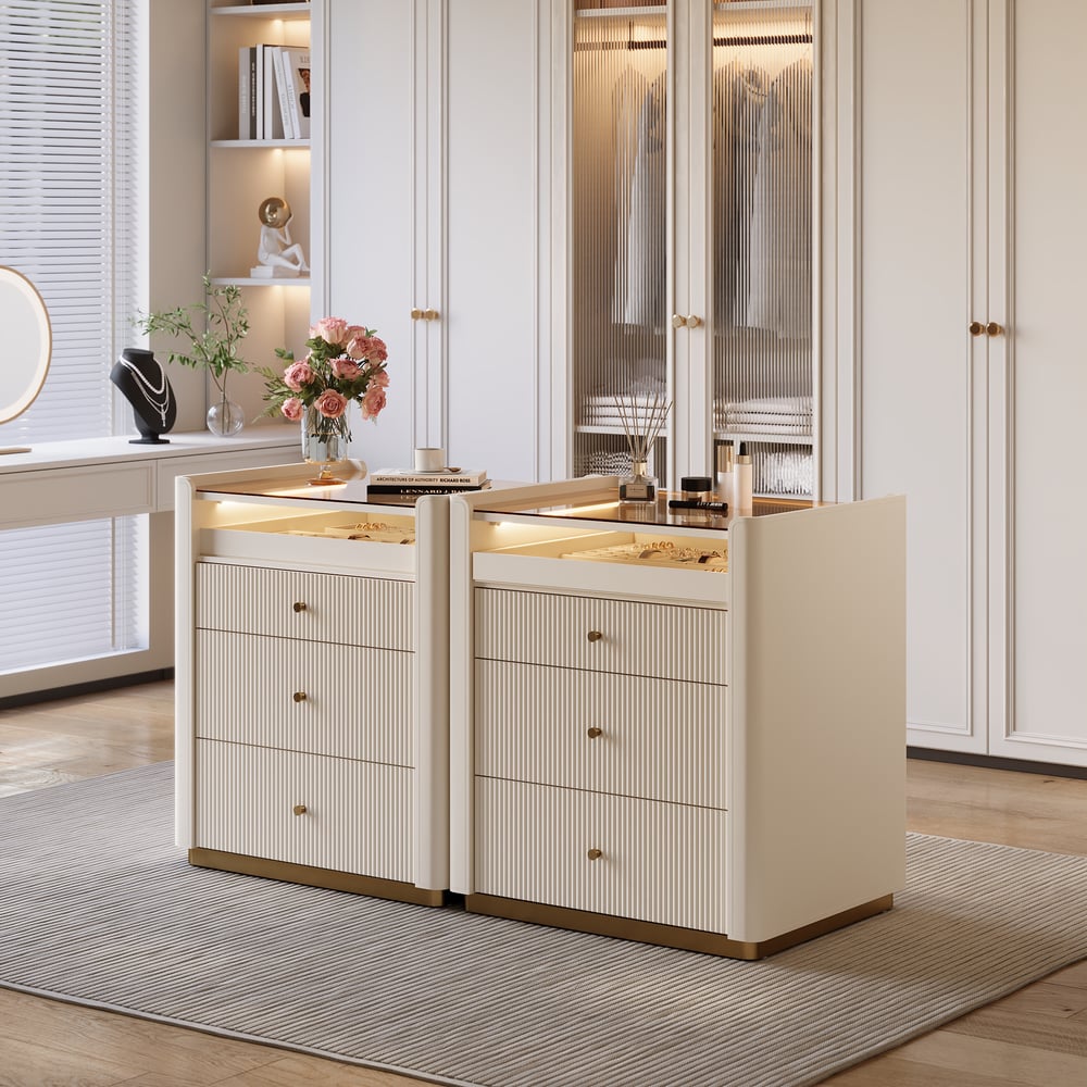 Modern 29.5" Fluted Leather Closet Island 7 Drawer Dresser with Light & Jewelry Storage window image