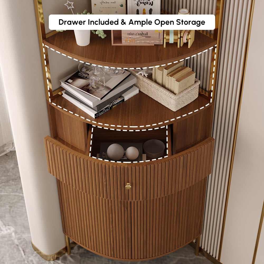 Modern 75" Walnut Etagere Corner Bookshelf with Drawer and 2-Door Cabinet window image