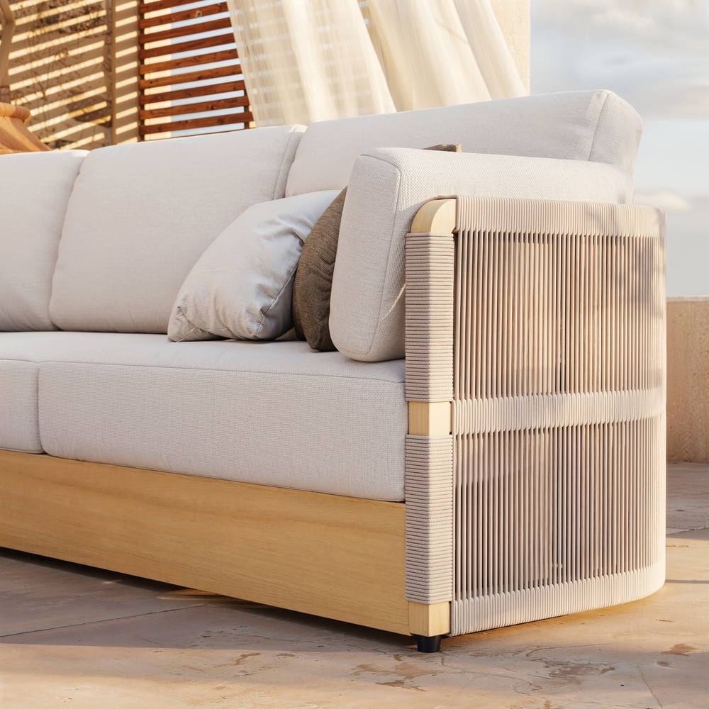 Costra Handwoven Rope L-Shaped Outdoor Sofa with Coffee Table in Ivory window image