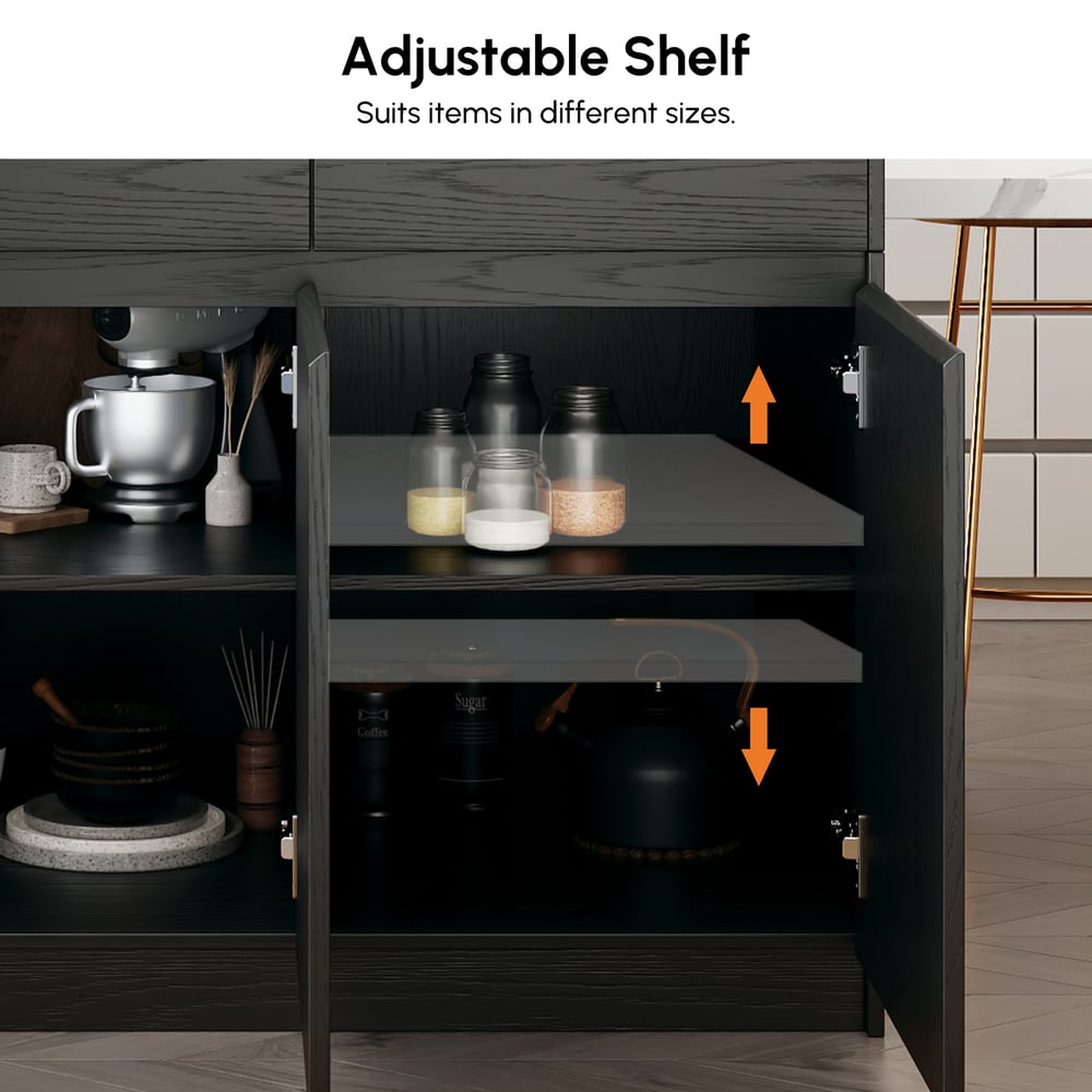 Isla de cocina de madera moderna extensible de 81''-112" con almacenamiento, blanco y negro Imagen de ventana