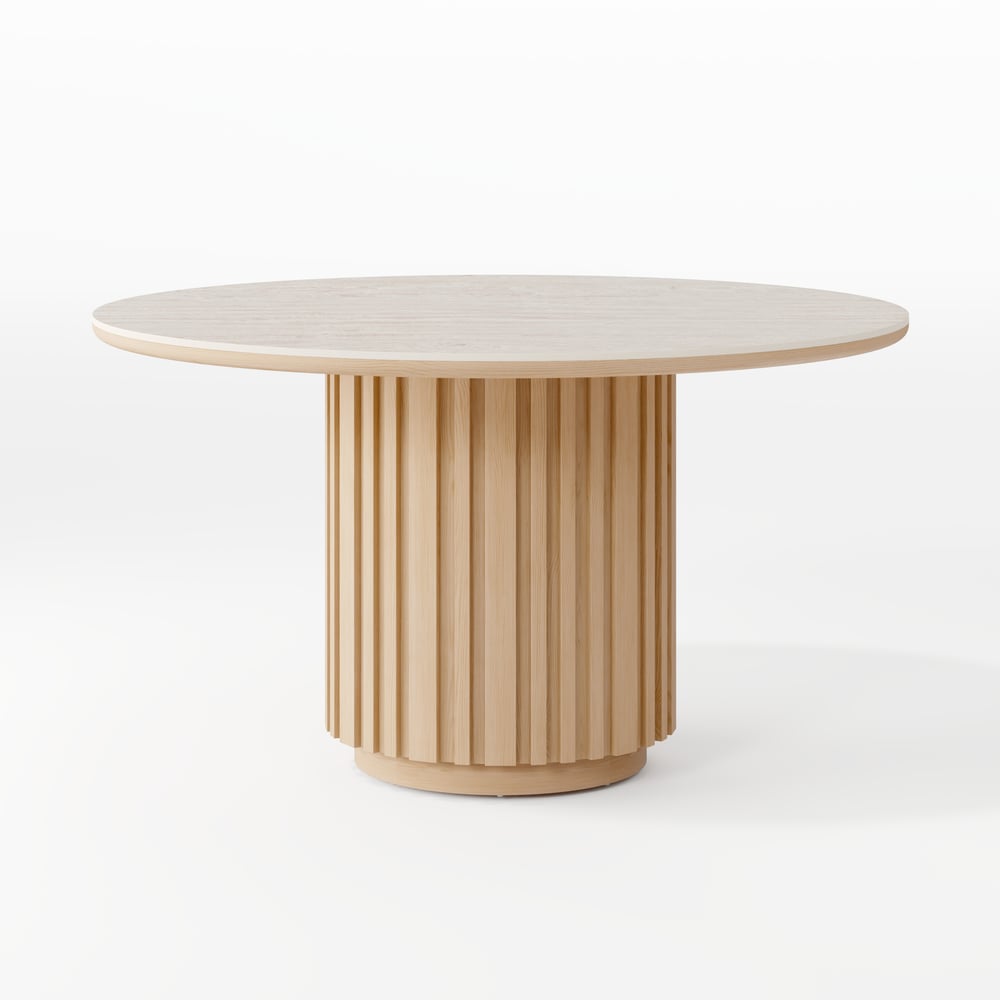 Aura 47" Round Natural Faux Travertine Sintered Stone Dining Table, Fluted Base, Seats 4 window image