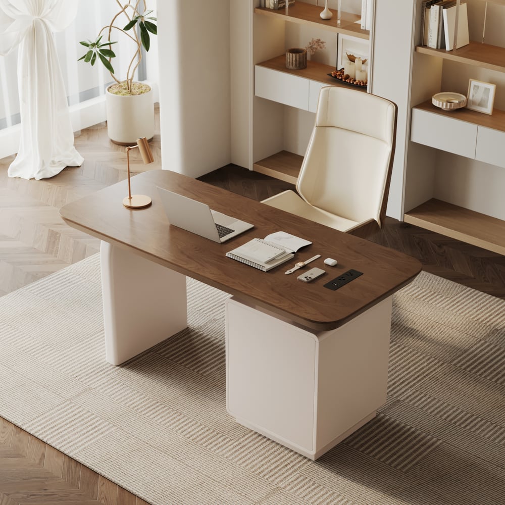 Modern 63” Rectangular Walnut Wood Desk with charging station & storage window image