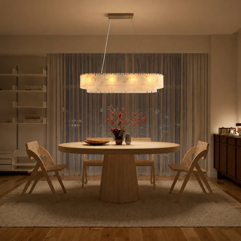 12-Light Linear Chandelier Alabaster-Look 2-Tier Dining Chandelier 40" window image