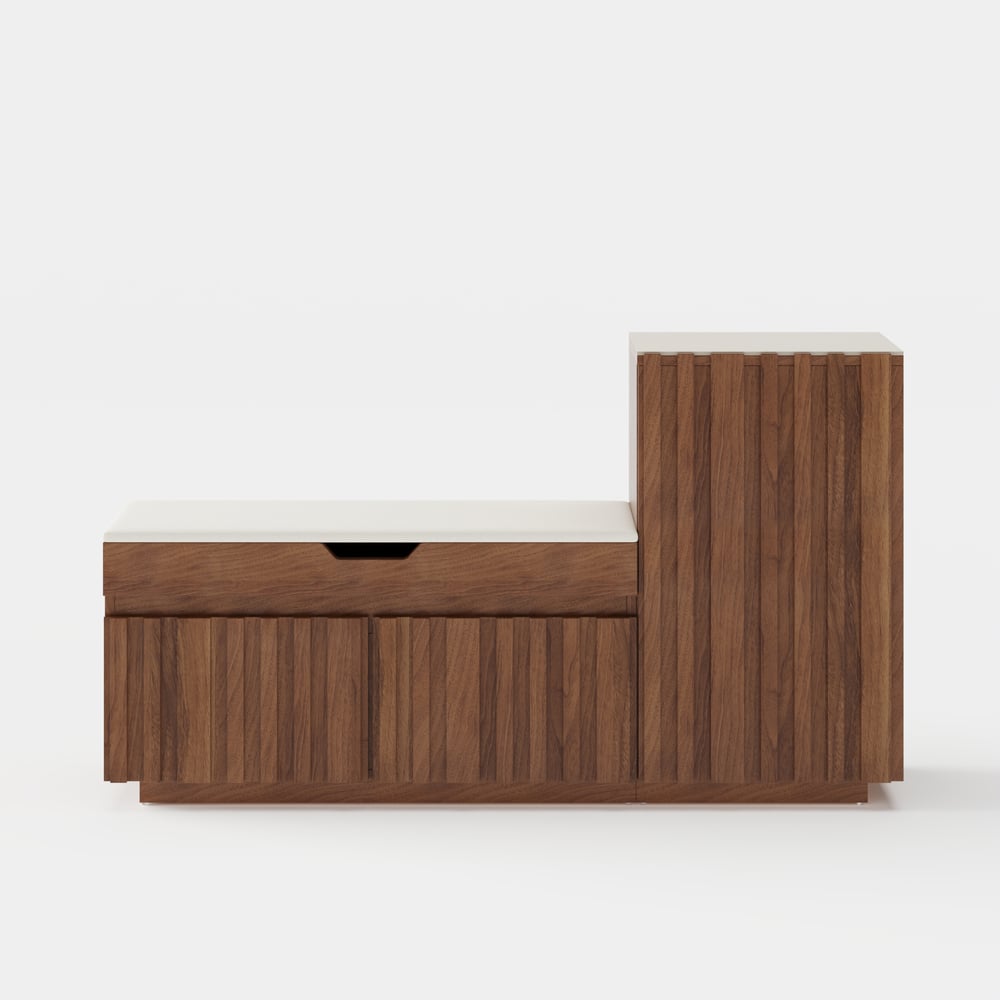 Banc de rangement à chaussures Aura 47" en bois de noyer avec armoire sur le côté droit pour entrée image de fenêtre