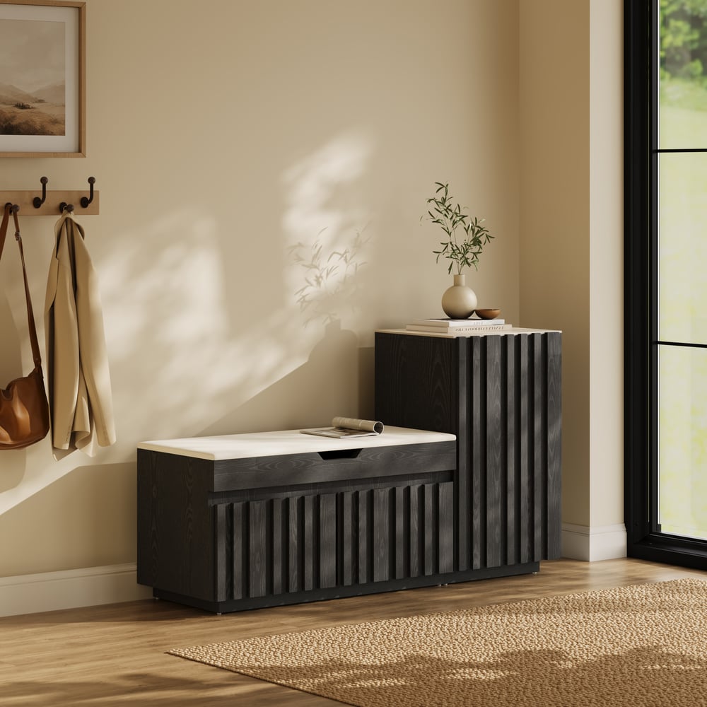 Aura 47” Wooden Shoe Storage Bench with Right-Side Cabinet for Entryway window image