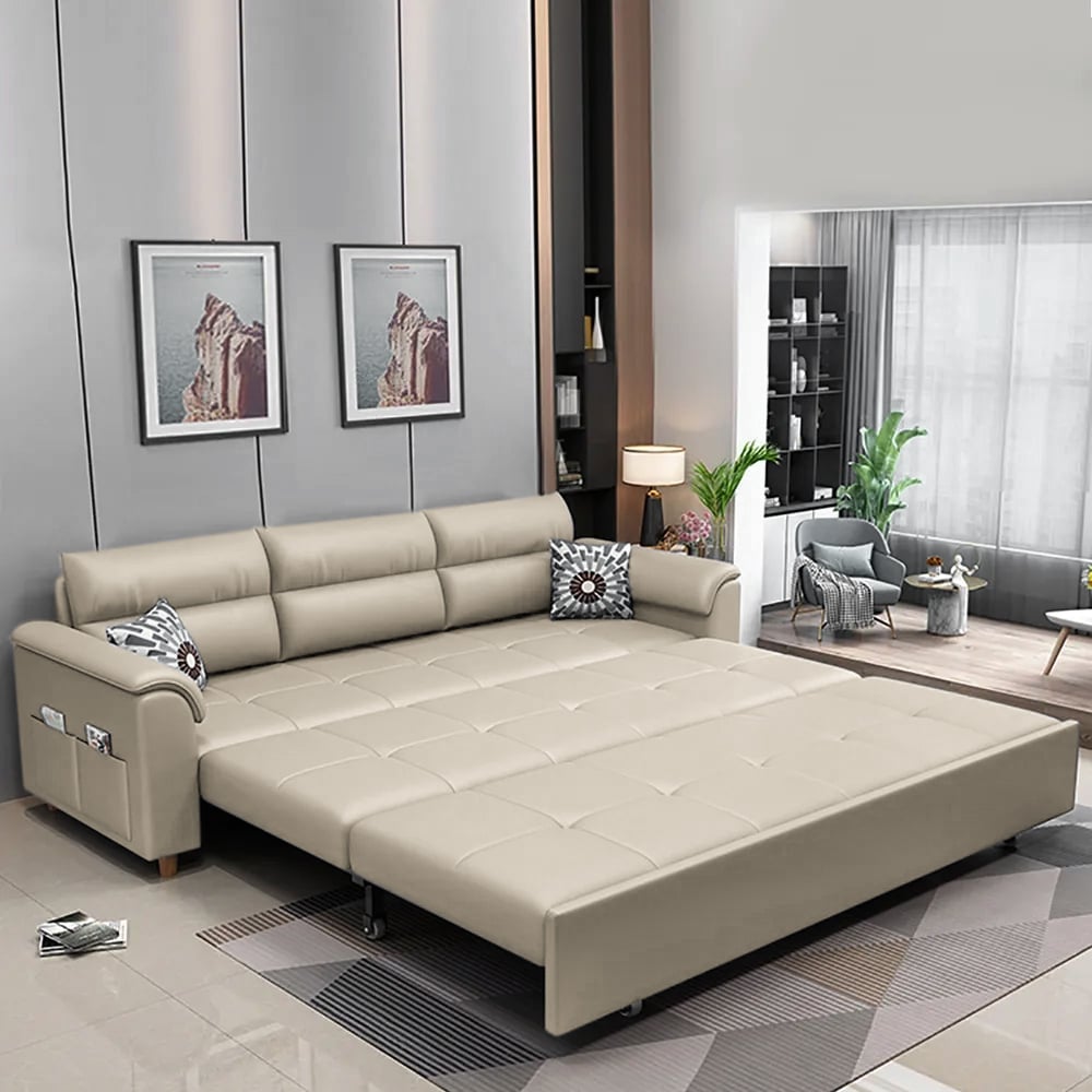 233cm King Faux Leather Pull-out Sleeper Sofa with Storage and Side Pockets window image