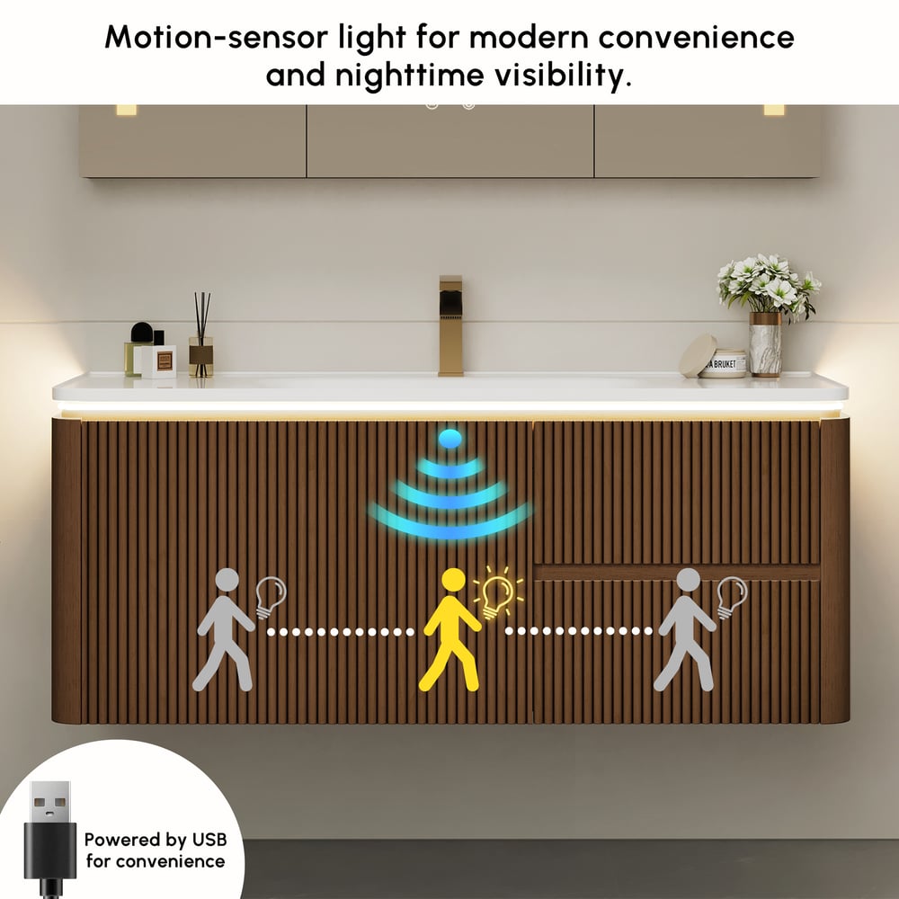 Moderno tocador de baño flotante acanalado de 119 cm con lavabo, LED suave y amplio almacenamiento Imagen de ventana