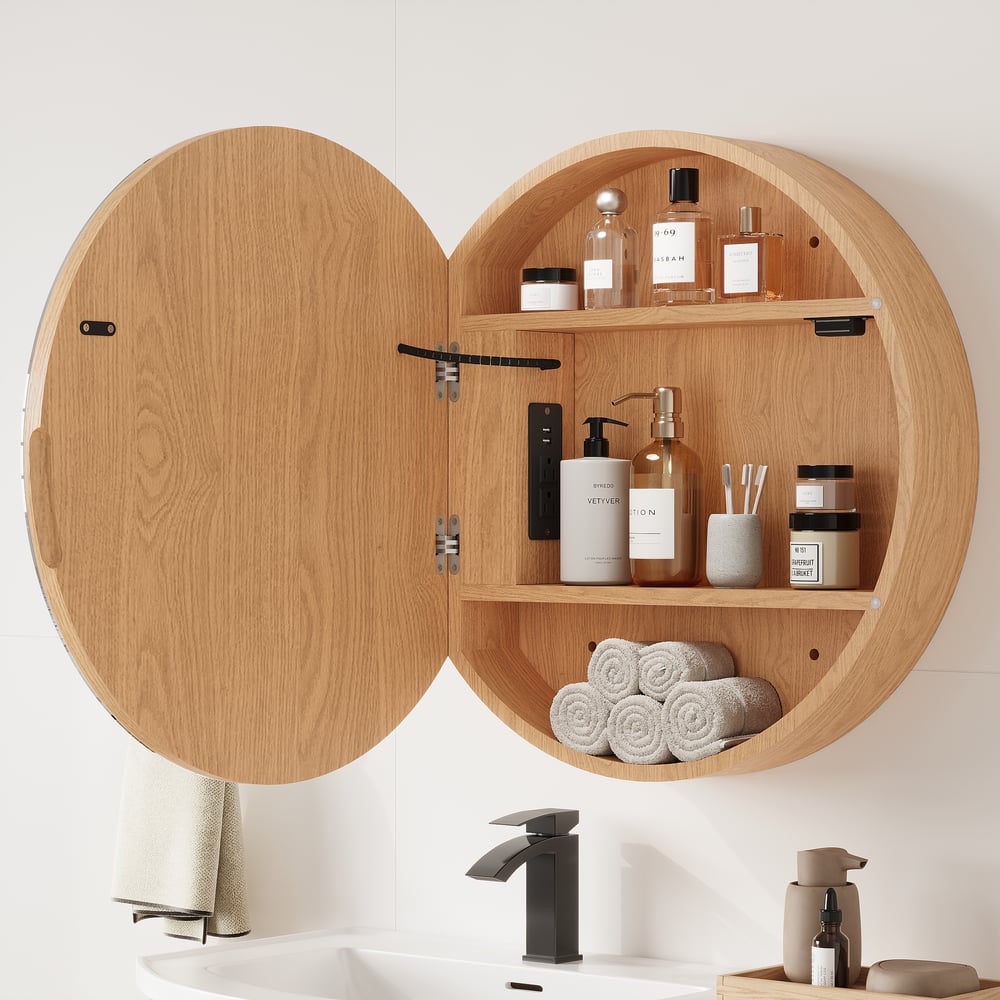24" Round LED Natural Medicine Cabinet with Storage, Anti-Fog, Dimmable window image