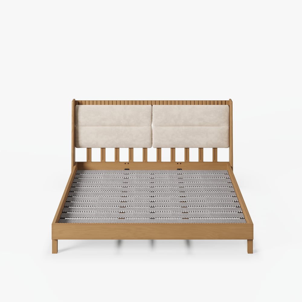 Lit moderne en bois massif avec coussins de tête de lit en bouclette, 180 x 200 cm image de fenêtre