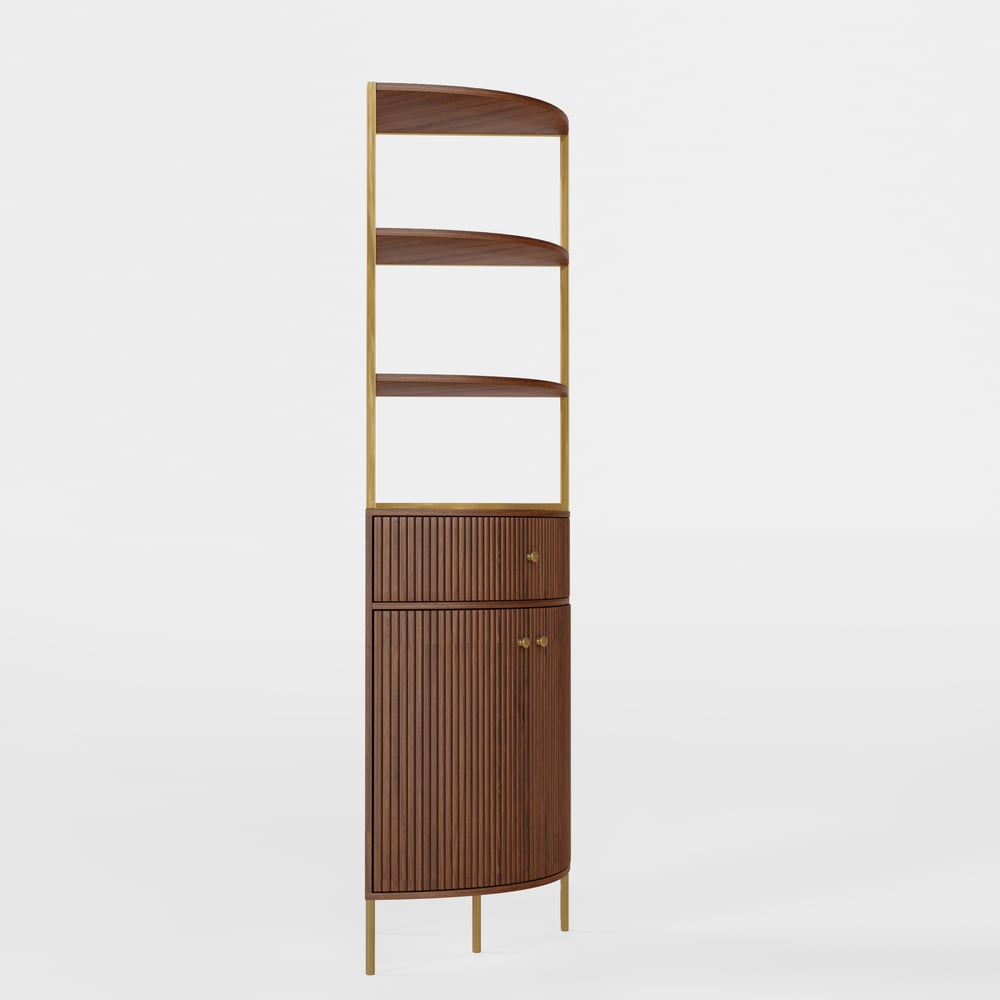 Modern 75" Walnut Etagere Corner Bookshelf with Drawer and 2-Door Cabinet window image