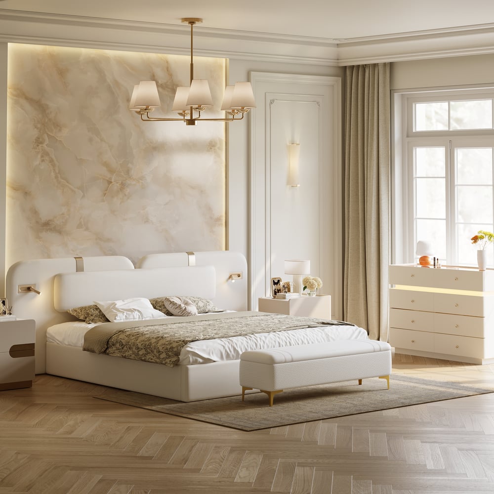 Modern King Size Faux Leather Bed with Wide Headboard Bed & Integrated Lighting window image