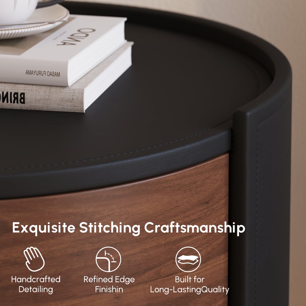 Modern Black Saddle Leather 2-Drawer Nightstand with Charging Station & Light window image