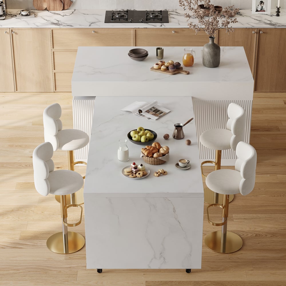 Modern 81"-112" Marble Pattern Kitchen Island with Doors & Drawers, White window image