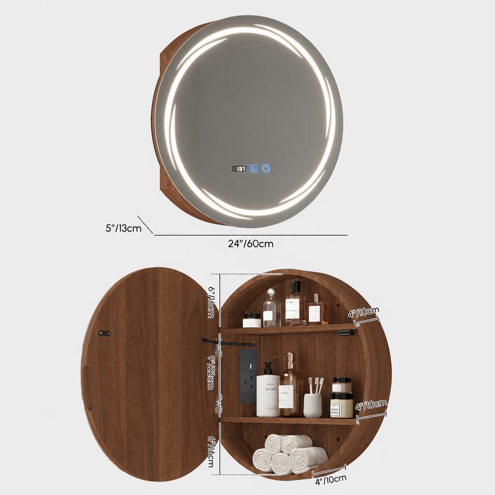 60cm Round LED Medicine Cabinet with Storage, Anti-Fog, Dimmable — Walnut weights dimensions image