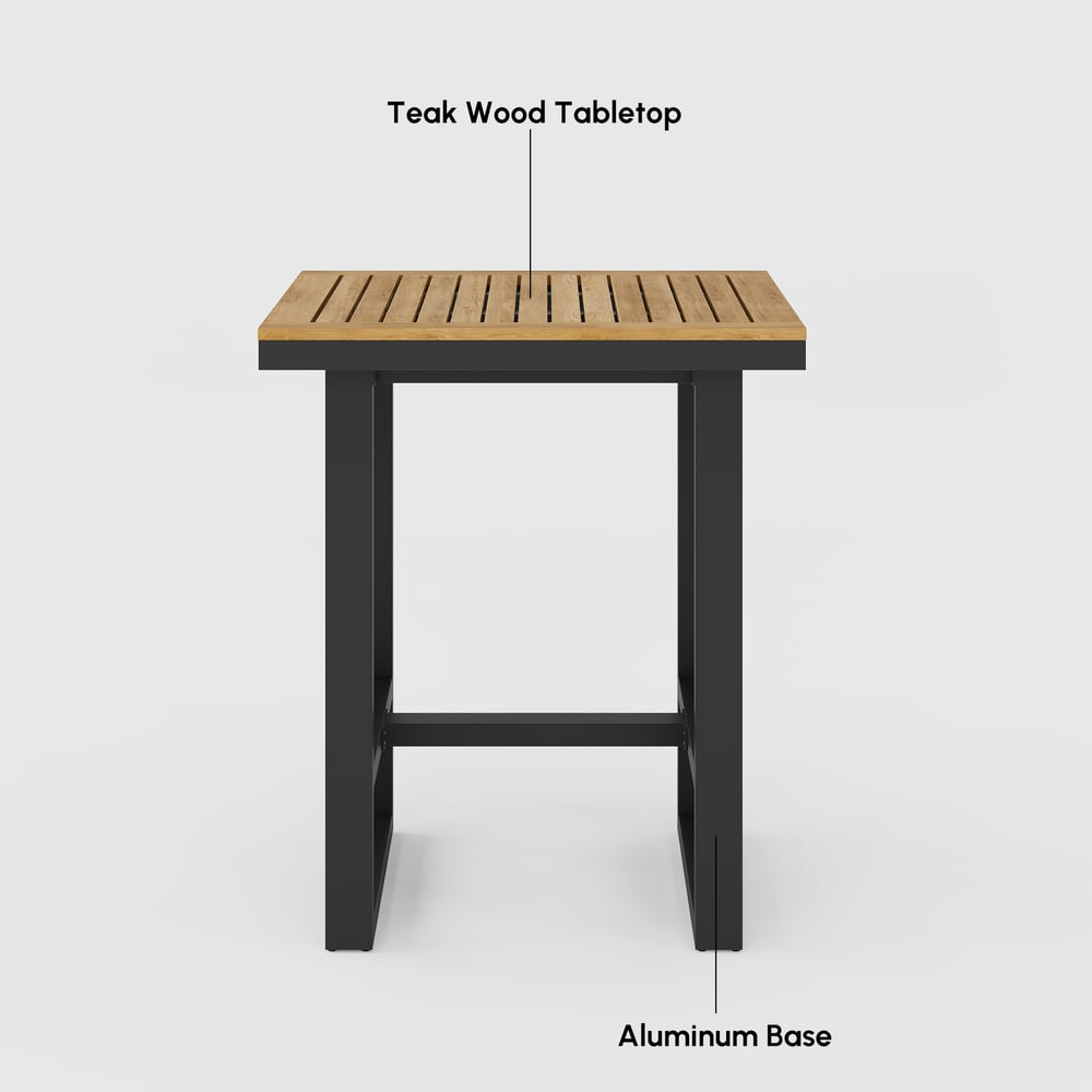 Tevara Outdoor Square Bar Table with Teak Wood Slat Top & Aluminium Frame in Dark Grey window image