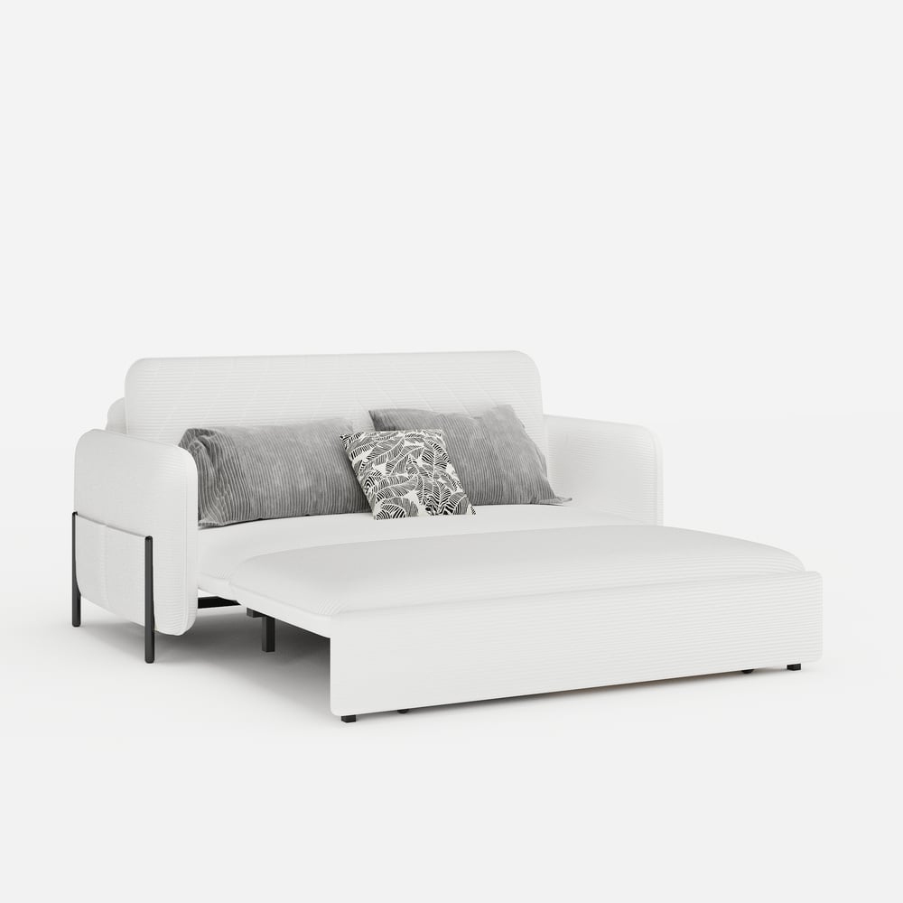 Canapé convertible lit 172 cm 2 places velours côtelé blanc avec rangement et coussins image de fenêtre
