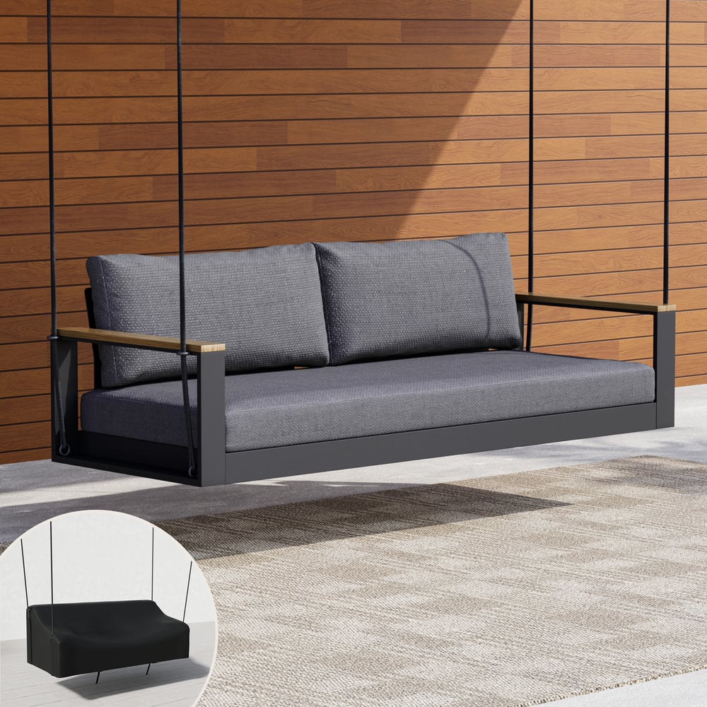Tevara Outdoor Hanging Swing Sofa 2-Seater in Dark Gray with Cushion & Black Cover window image