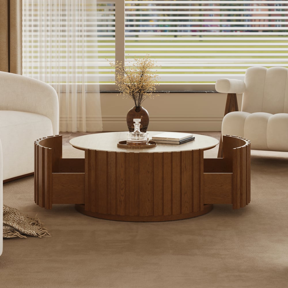 Aura 35" Ash Wood Slatted Round Coffee Table with Sintered Stone Top window image