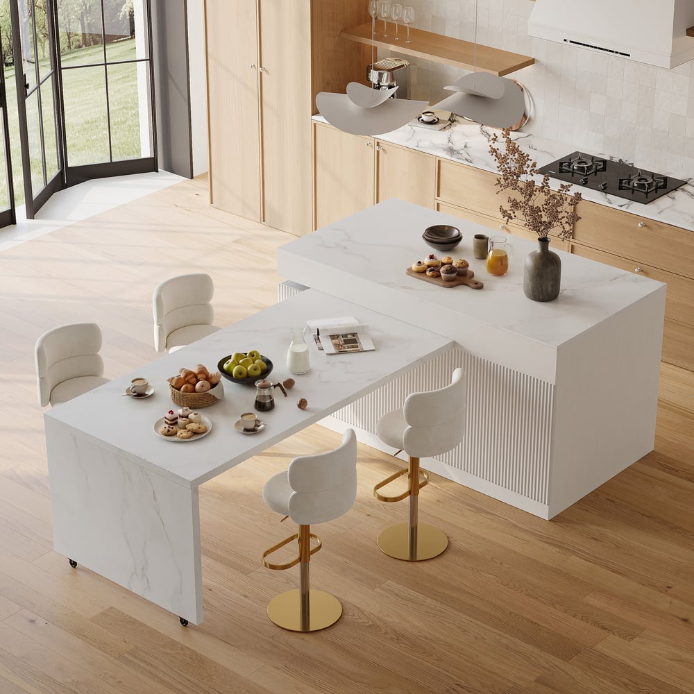 Modern 81"-112" Marble Pattern Kitchen Island with Doors & Drawers, White window image