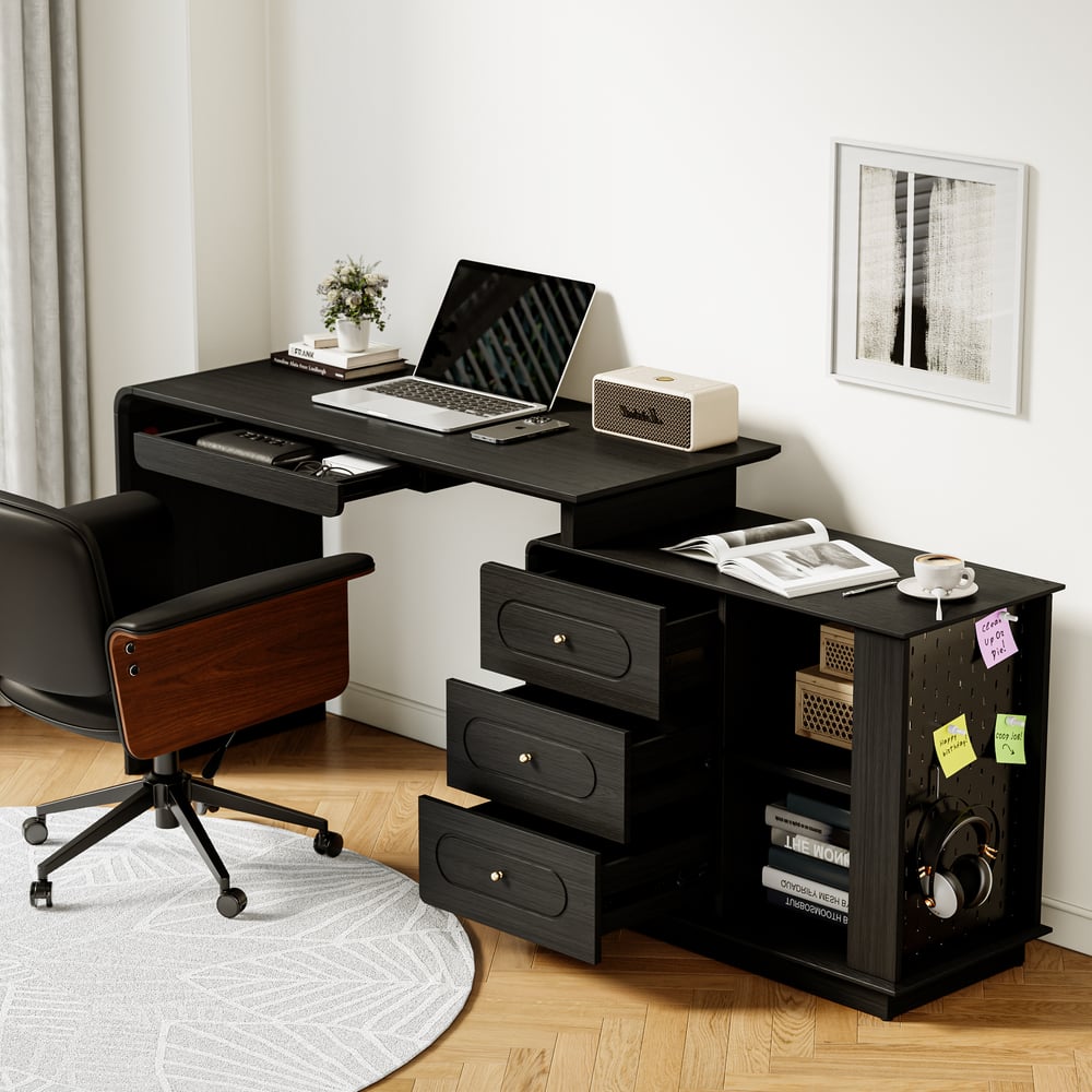 Modern 73" L-Shaped Black Rotating Desk with Keyboard Tray & Storage window image