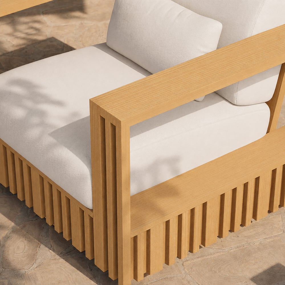 Modern Outdoor Sculptural Fluted 360-Degree Swivel Accent Chair in Natural window image