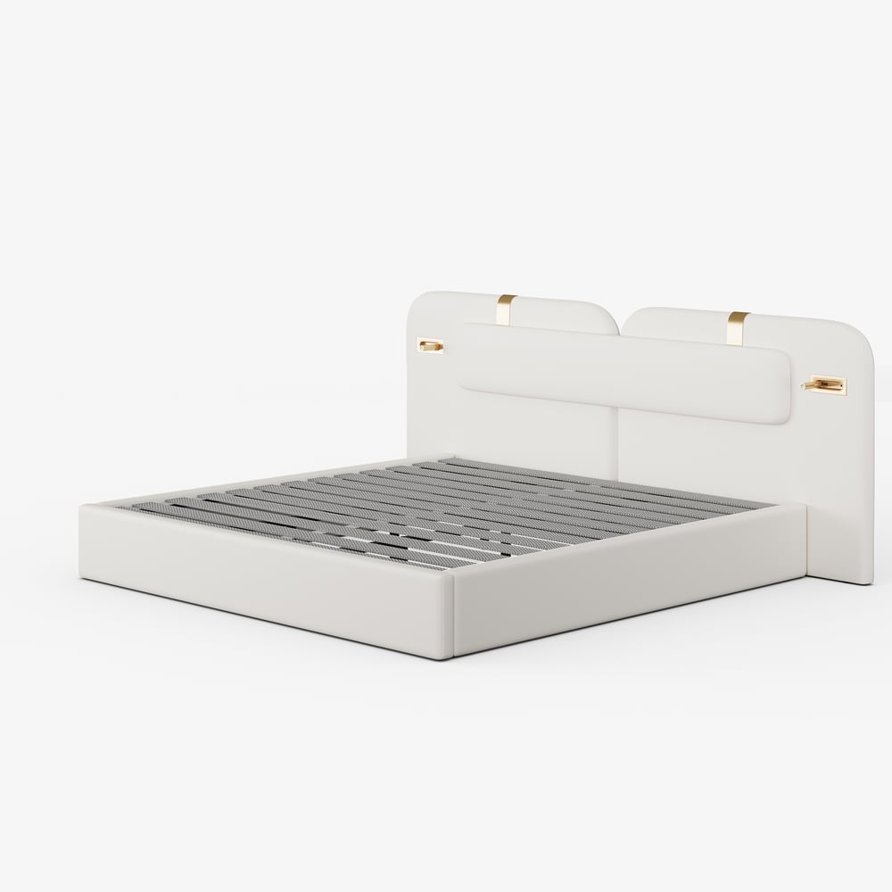 Modern King Size Faux Leather Bed with Wide Headboard Bed & Integrated Lighting window image