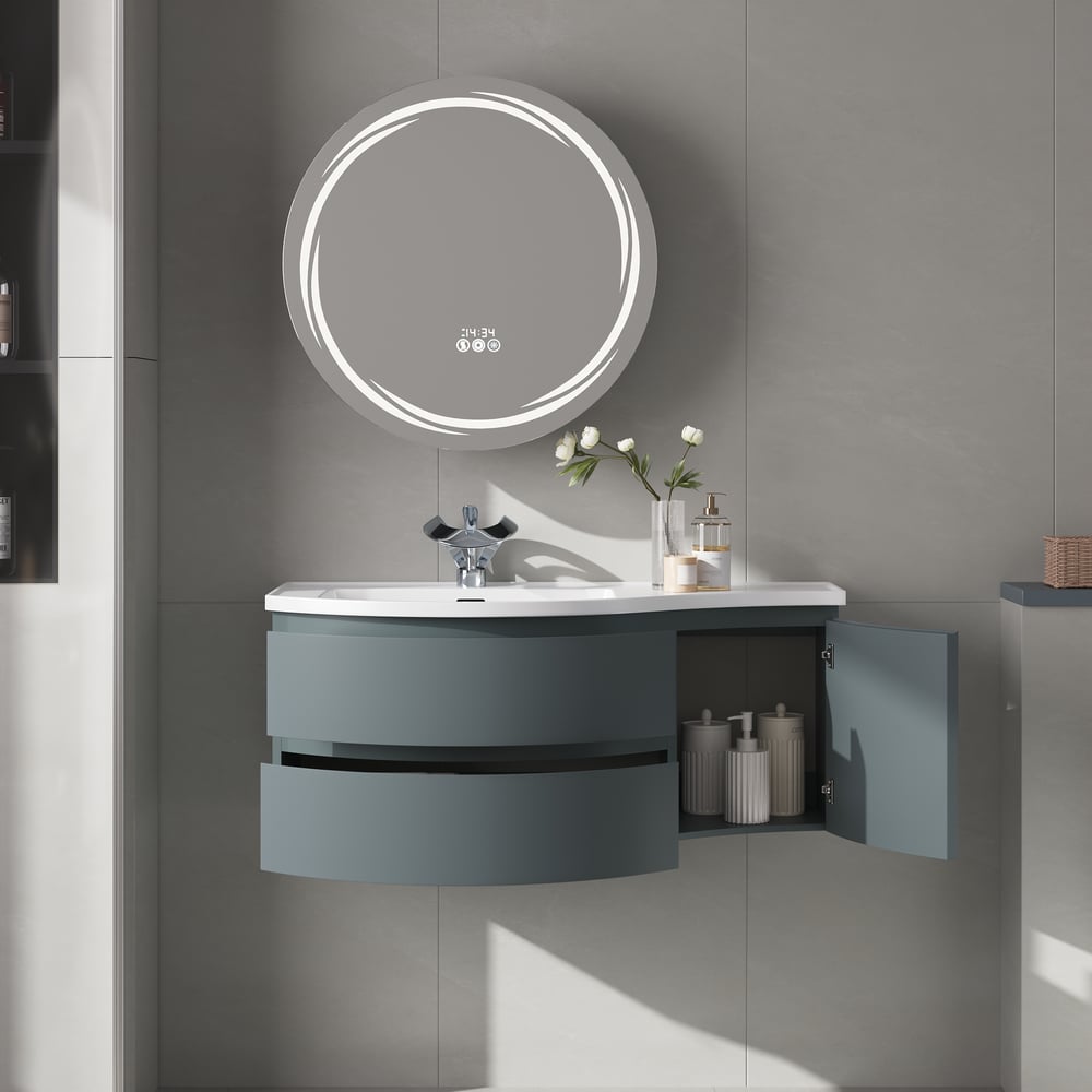 Floating Curved Bathroom Vanity & Round LED Medicine Cabinet Set Left Offset window image