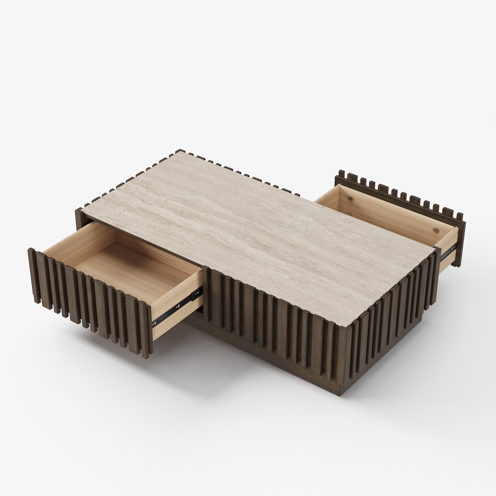 Aura 47" Ash Wood Slatted Coffee Table with Sintered Stone Top window image