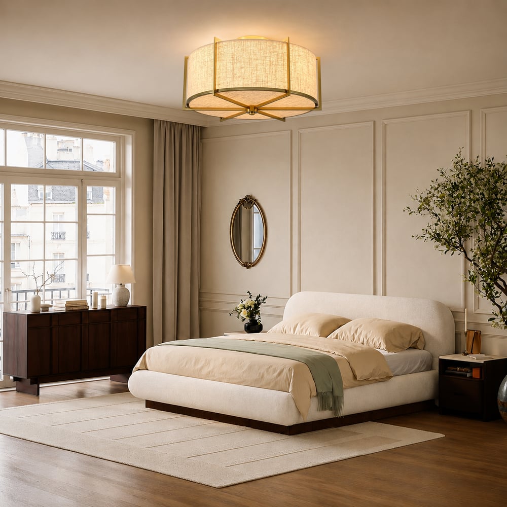 18" Linen Flush Mount Light in Gold Finish, 3-Light window image