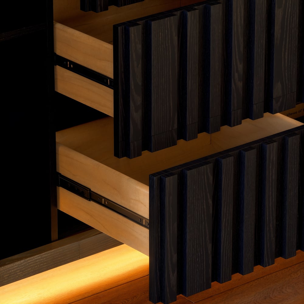 Aura 60" Black Faux Travertine Sideboard with Ash Wood Slatted Doors & LED Light window image