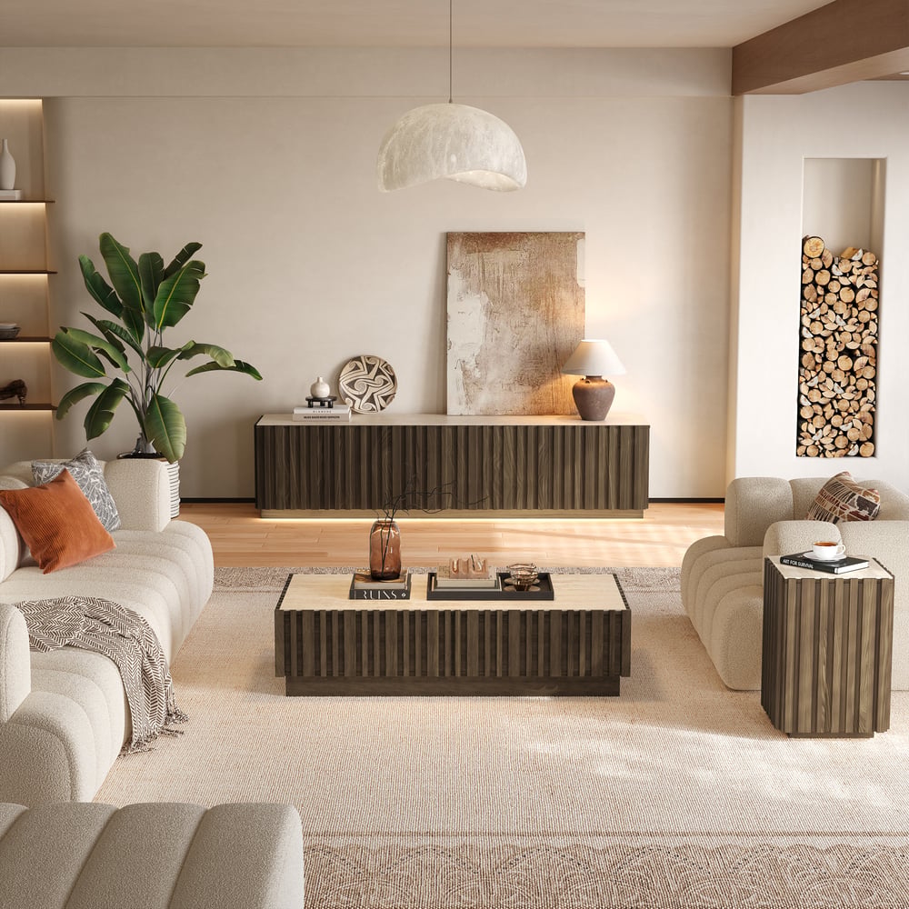 Aura Ash Wood Fluted Side Table with Sintered Stone Top window image