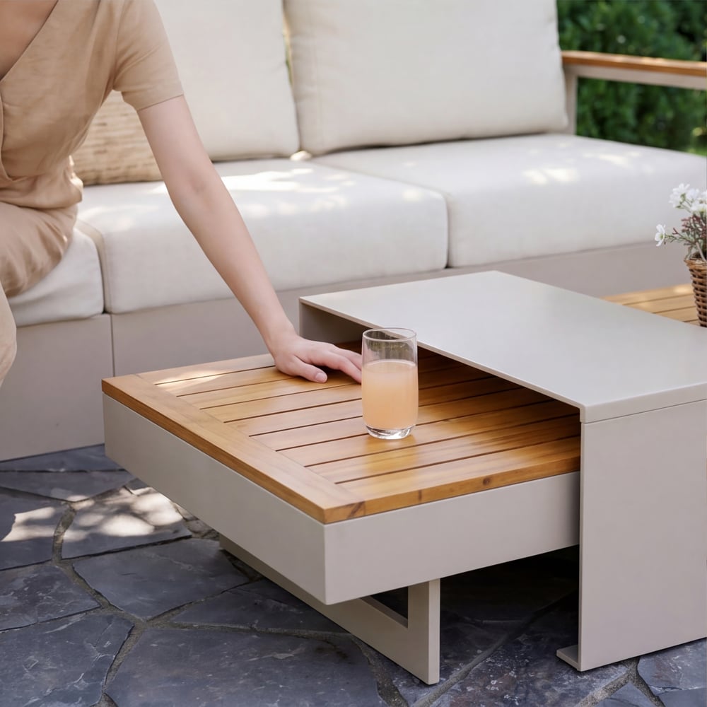 Tevara 6-Person Outdoor Sofa Set with Wood & Aluminium Frame, Sand & Warm White (4-Piece) window image