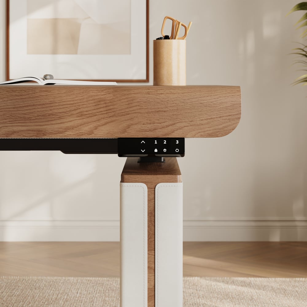 160 cm Height Adjustable Electric Standing Desk with Walnut Top and Leather-Wrapped Legs window image