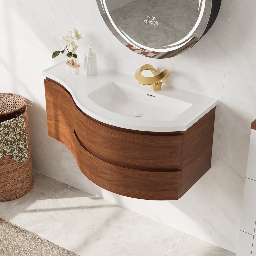 Floating Curved Bathroom Vanity & Round LED Medicine Cabinet Set Right Offset window image