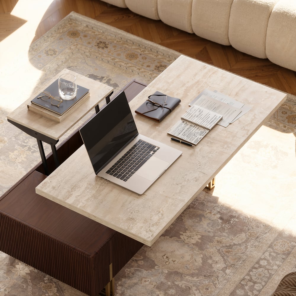 Table basse relevable Grovyn de 47,2" avec finition cannelée et 2 tiroirs image de fenêtre