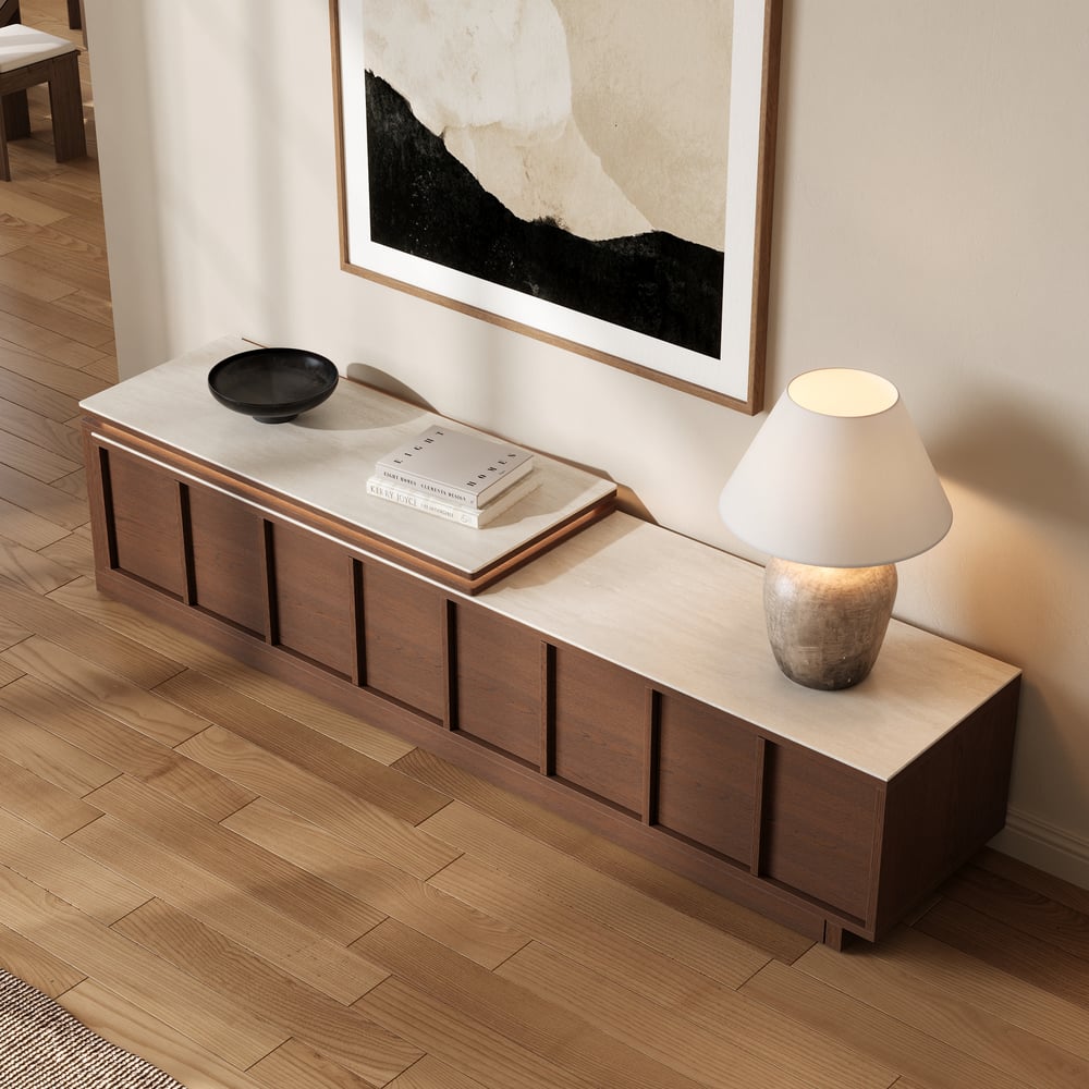 71"-108" Extendable Walnut TV Stand with Sintered Stone Top & Cabinets window image