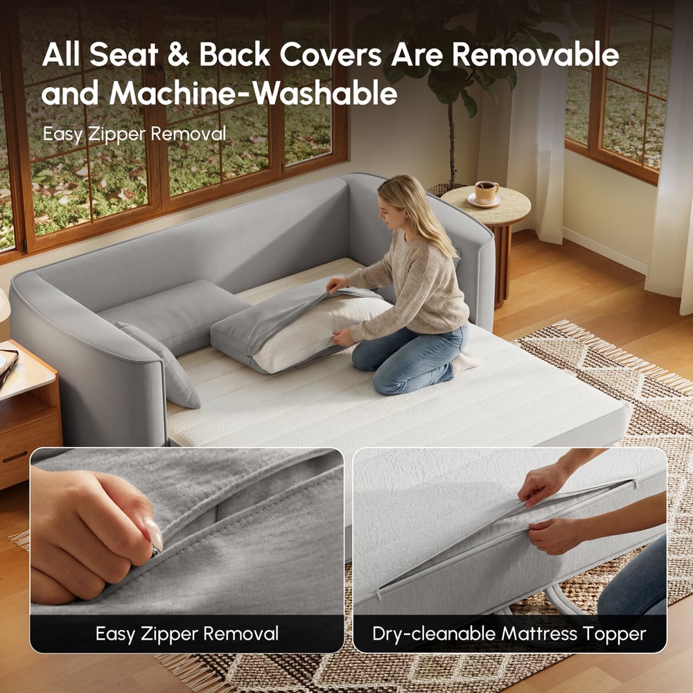 80" Queen 3-Seater Chenille Fold-Down Sleeper Sofa with Removable Cover window image