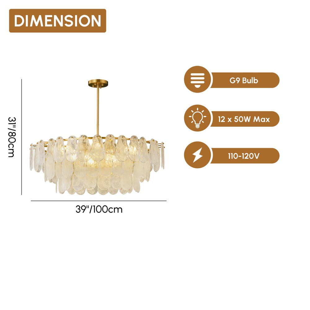 Cloude 39" 12-Light Glass Chandelier with Bulbs & Adjustable Height weights dimensions image